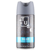 Tusk - Blue Deodorant Body Spray, 150ml, provides long-lasting odor protection and features a sleek gray cap with a blue label on the lower part of the can.